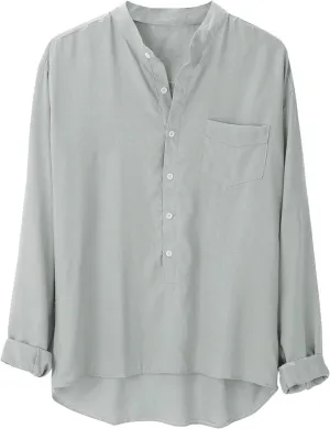 Men's Muscle Fit Dress Shirts Long Sleeve Buttons Down Solid Plain Roll Up Sleeve Summer Beach Shirts Casual Long