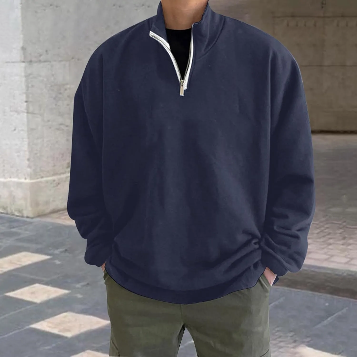 Mens Quarter Zip Pullover Sweatshirt Oversized 2024 Fall Long Sleeve T Shirt Collared Loose Casual Outdooer Pullover