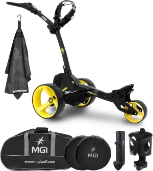 MGI Zip X1 Electric Golf Push Cart with Travel Bag Bundle | Zip Folding Caddy, Plays 36 Holes, Adjustable Speed, 3 Wheels, Display Screen, Drink Holder | Signature Series Golf Towel