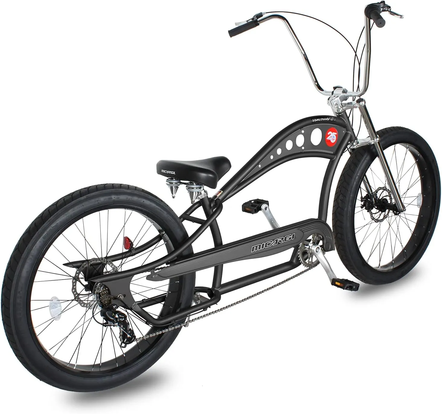 MICARGI 26 Vancouver Complete Cruiser Bikes Stretch Steel Frame Single-Speed & 7-Speed High Rise Handlebars & Low Handlebars Fat Tires Adult Beach Cruiser Chopper Bike Multiple Color