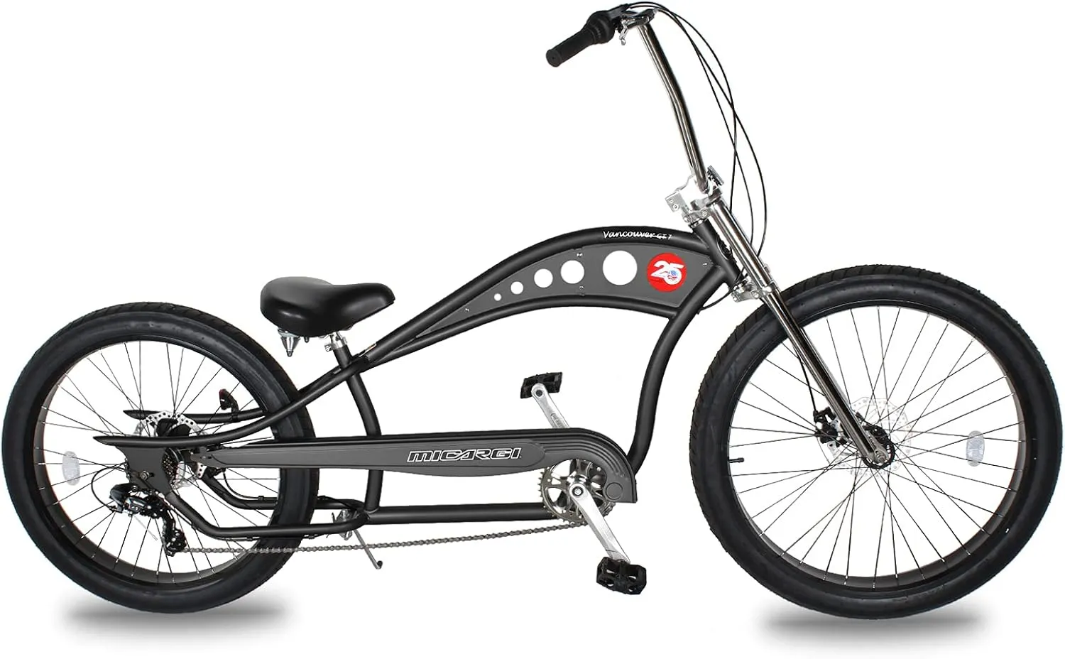 MICARGI 26 Vancouver Complete Cruiser Bikes Stretch Steel Frame Single-Speed & 7-Speed High Rise Handlebars & Low Handlebars Fat Tires Adult Beach Cruiser Chopper Bike Multiple Color