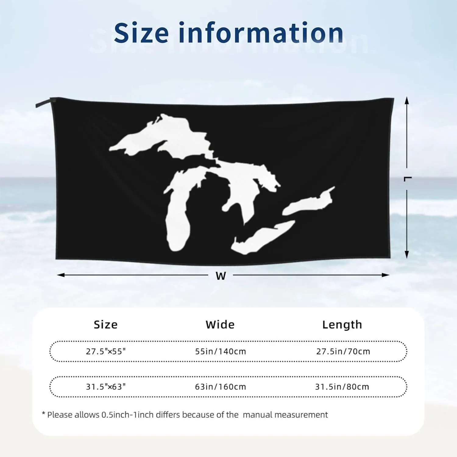 Michigan Great Lakes State Beach Towel with Travel Bag 31.5"x63" Quick Dry Sand Free Lightweight Large Oversized Towels Light Vacation Essentials