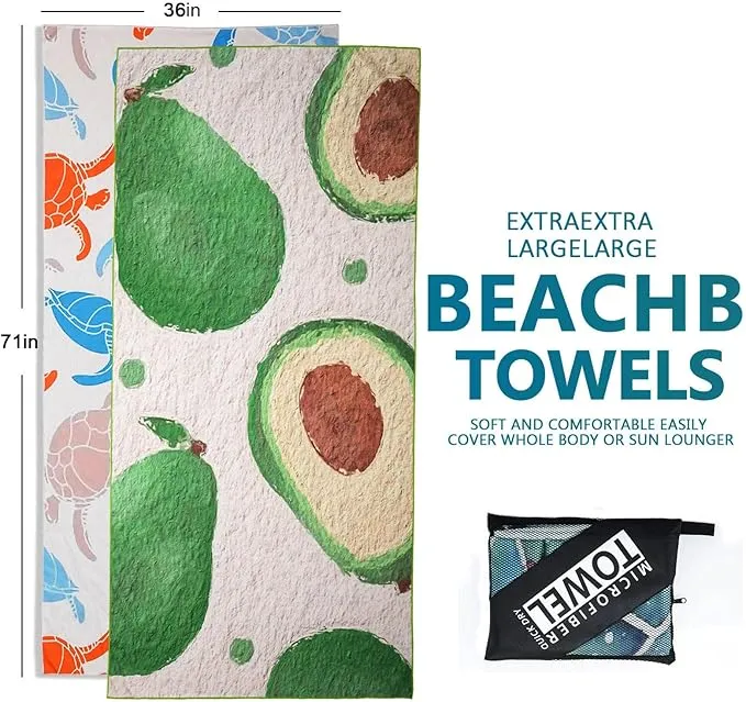 Microfiber Beach Towels 2 Packs, Oversized Quick-Dry Towels for Adults, Lightweight Thin Towels (72" x 36") for Swimming, Beach, Camping
