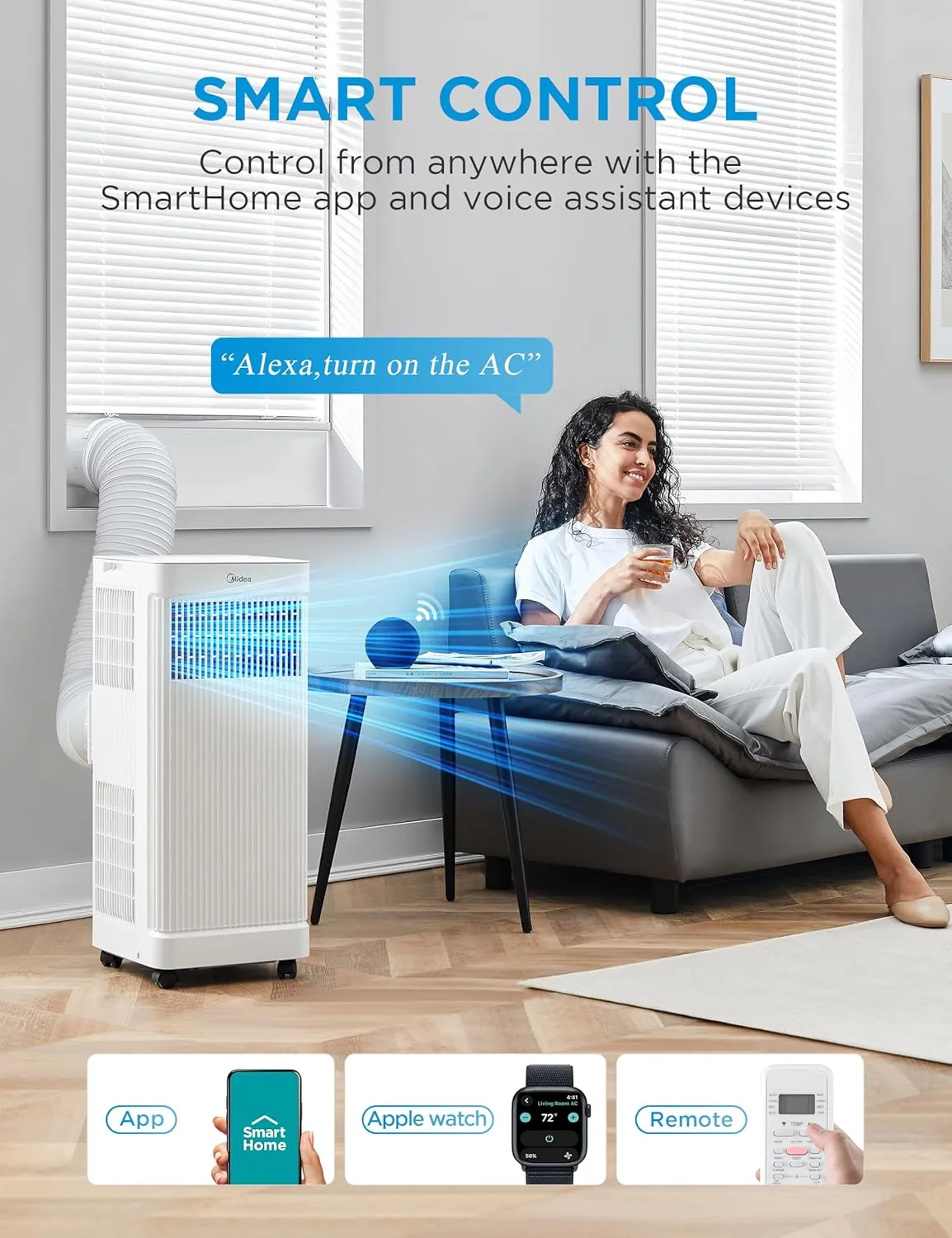 Midea 8,500 BTU ASHRAE (5,000 BTU SACC) Portable Air Conditioner, Smart Control, Cools up to 150 Sq. Ft., with Dehumidifier & Fan mode, Easy- to-use Remote Control & Window Installation Kit Included