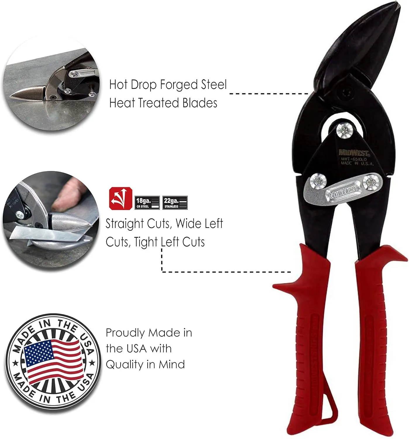 MIDWEST Blackout Series Aviation Snip - Left Cut Offset Tinner Shears, Made in the USA - MWT-6510LO