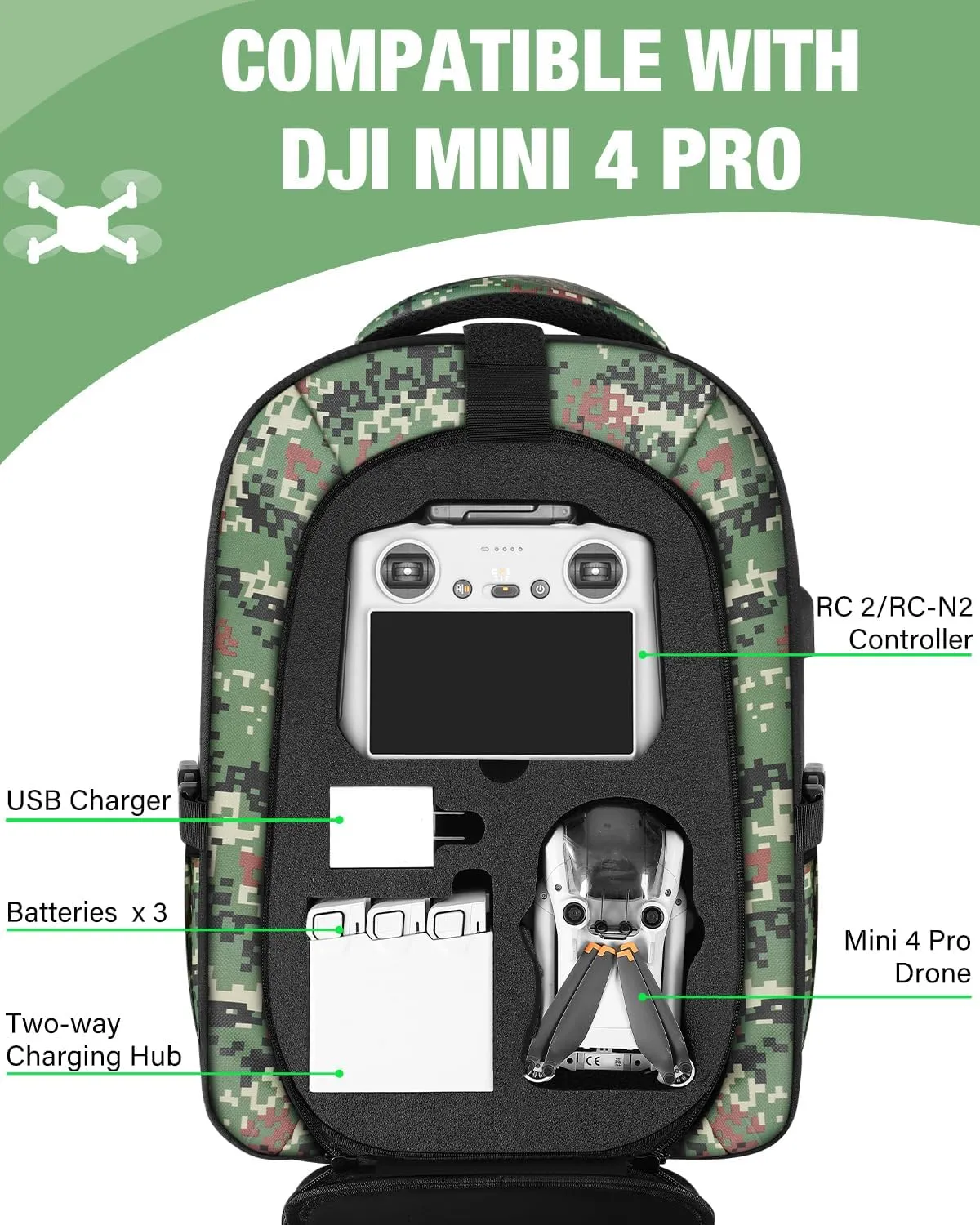 Mini 4 Pro Case, Waterproof Hard Carrying Case, Large Drone Bag Fits 15.6 Inch Laptop, Travel Backpack Compatible with DJI Mini 4 Pro, RC 2/ RC-N2 Controller, Fly More Combo and Accessories