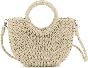 Mini Semi-circle Rattan Straw Bag, Hand-woven Women Summer Retro Beach Tote Shoulder Bag Crossbody Travel Beach Bag