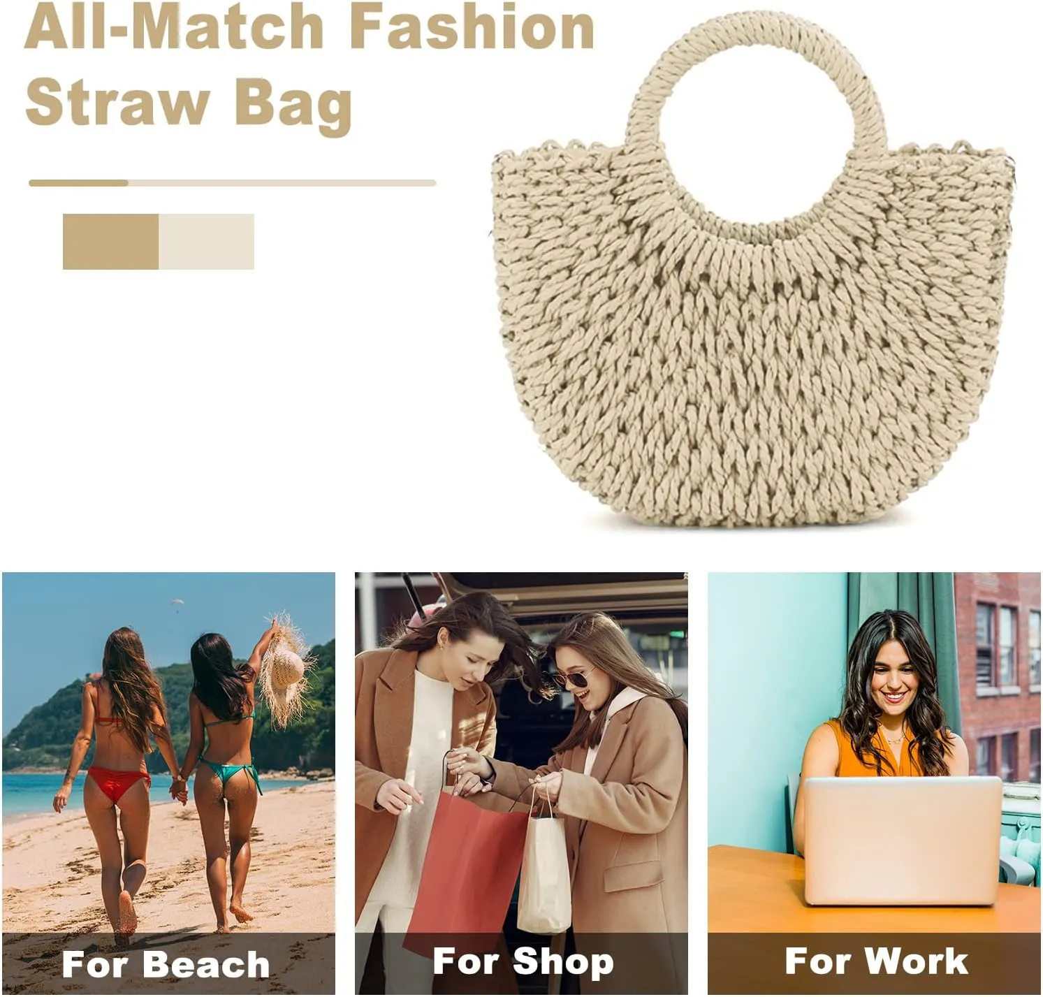 Mini Semi-circle Rattan Straw Bag, Hand-woven Women Summer Retro Beach Tote Shoulder Bag Crossbody Travel Beach Bag