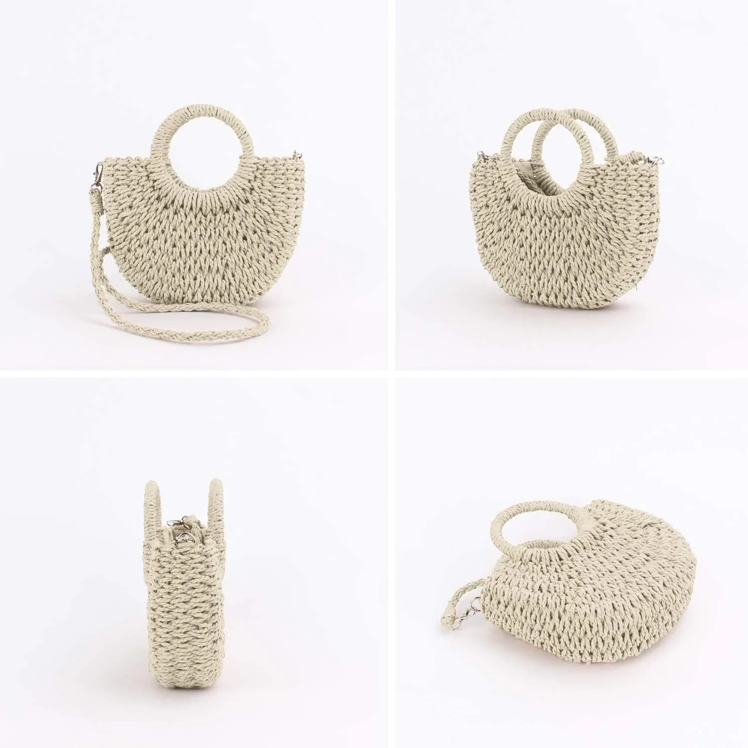 Mini Semi-circle Rattan Straw Bag, Hand-woven Women Summer Retro Beach Tote Shoulder Bag Crossbody Travel Beach Bag