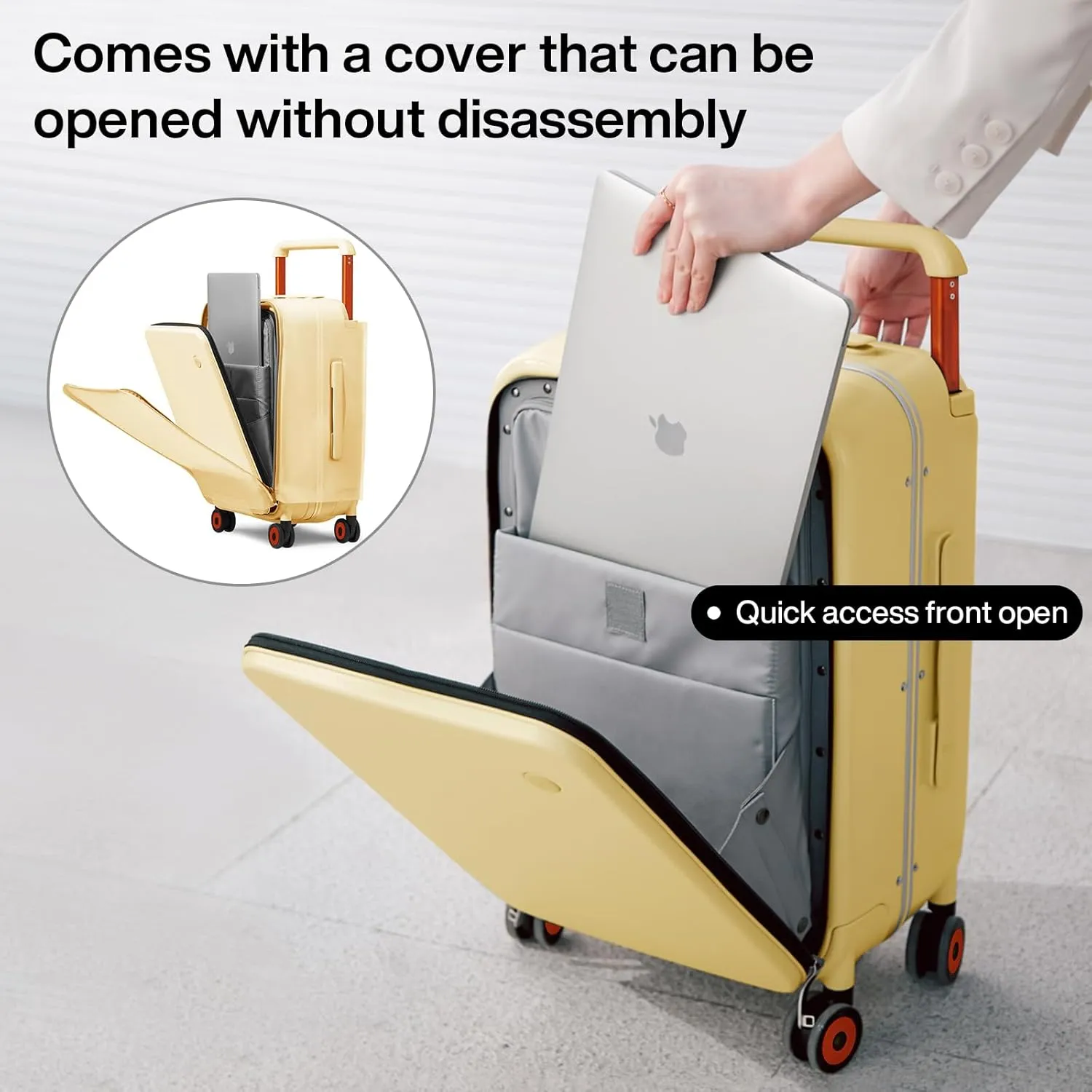 mixi Carry On Luggage Wide Handle Luxury Design Rolling Travel Suitcase PC Hardside with Aluminum Frame Hollow Spinner Wheels, with Cover, 20 inch, Lark Yellow