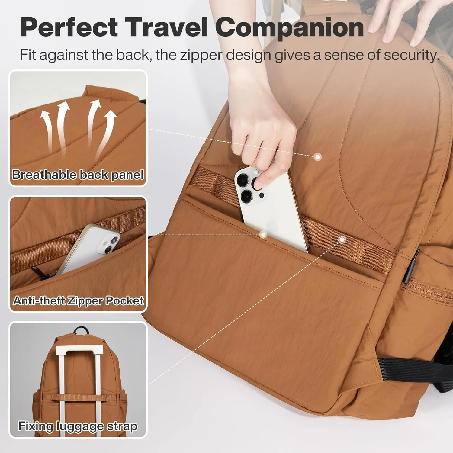 mixi Outdoor Lightweight Backpack Casual Carry On Laptop Backpack Travel Bookbag for Women Men, Water Resistant Durable Hiking Bag for Camping Weekender Sports College Work, 17 Inch, Brown