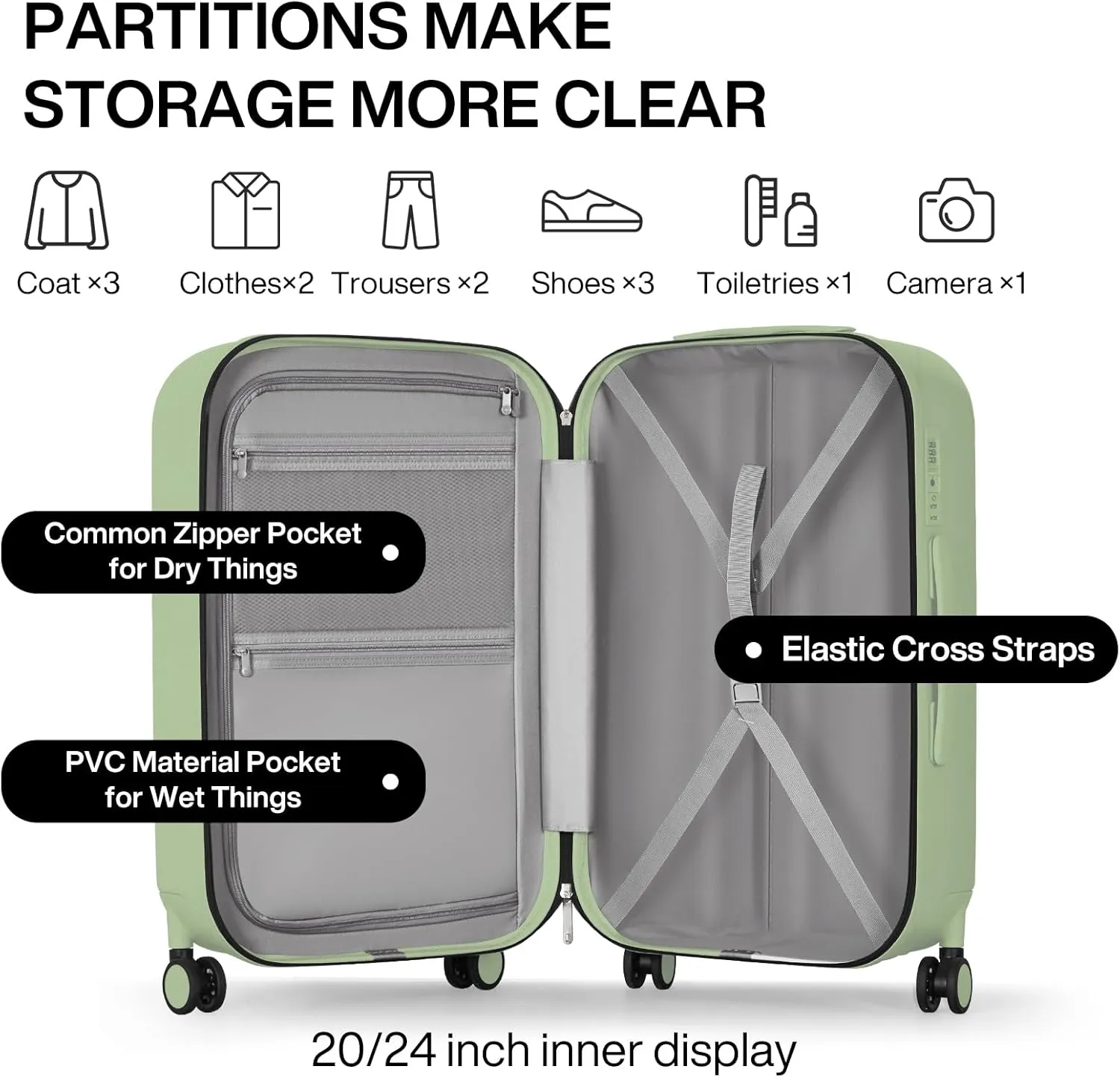 mixi Suitcase Spinner Wheels Checked Luggage Hardshell Lightweight Rolling Suitcases PC with Cover & TSA Lock for Business Travel, 24inch, Avocado Green