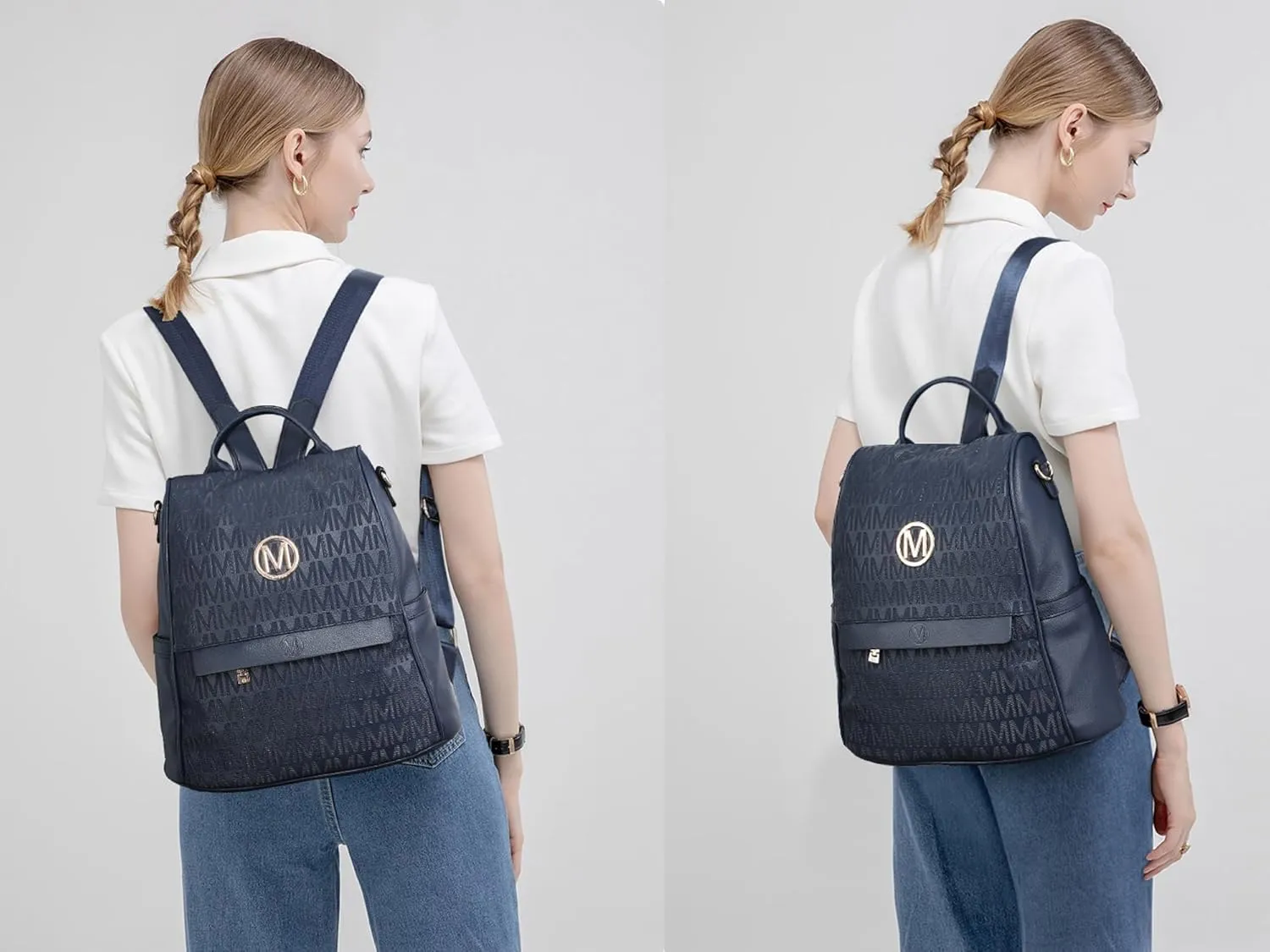 MKP Women Fashion Backpack Purse Multi Pockets Signature Anti-Theft Rucksack Travel Ladies Shoulder Bag Handbag 2Pcs