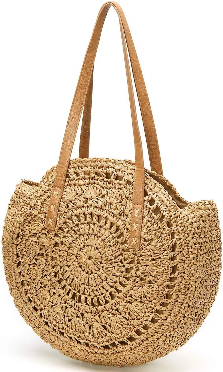 Molodo Straw Bag Round Summer Straw Large Woven Beach Bag Purse For Women Vocation Tote Handbags With Pom Poms