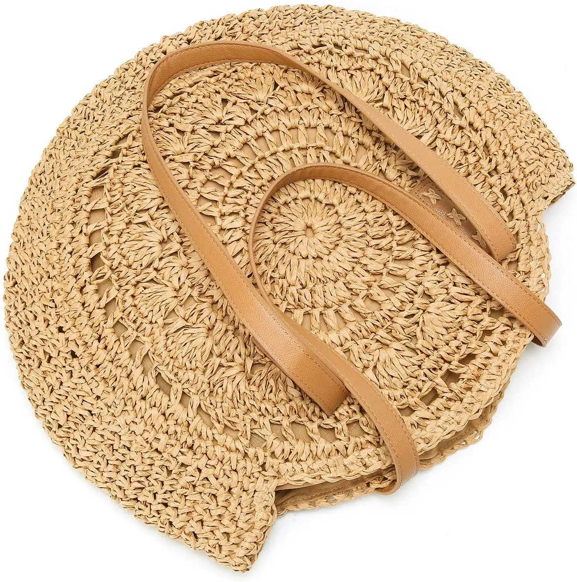 Molodo Straw Bag Round Summer Straw Large Woven Beach Bag Purse For Women Vocation Tote Handbags With Pom Poms