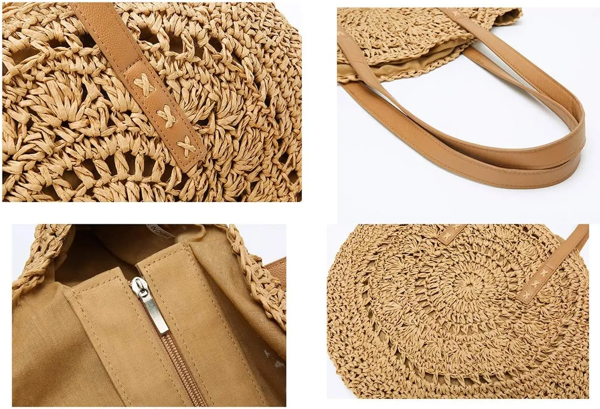 Molodo Straw Bag Round Summer Straw Large Woven Beach Bag Purse For Women Vocation Tote Handbags With Pom Poms