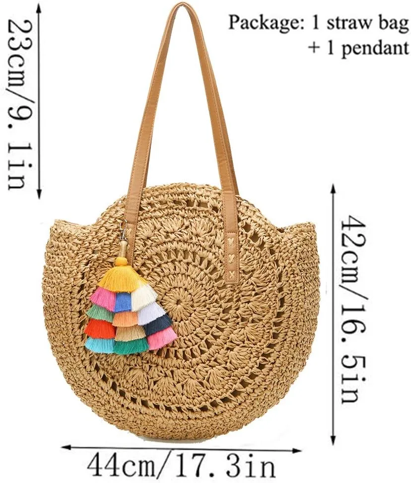 Molodo Straw Bag Round Summer Straw Large Woven Beach Bag Purse For Women Vocation Tote Handbags With Pom Poms