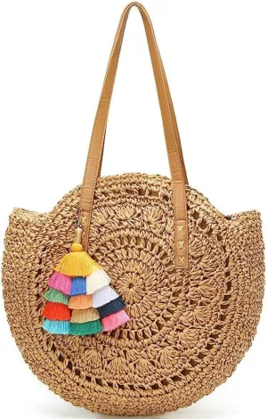 Molodo Straw Bag Round Summer Straw Large Woven Beach Bag Purse For Women Vocation Tote Handbags With Pom Poms