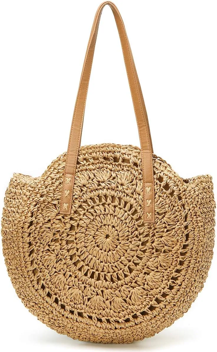 Molodo Straw Bag Round Summer Straw Large Woven Beach Bag Purse For Women Vocation Tote Handbags With Pom Poms