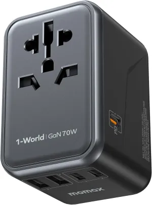 MOMAX Universal Travel Adapter, 70W GaN International Power Adapter, 3 USB-C & 2 USB-A, Worldwide Travel Plug Adapter, International Power Adapter for Most Europe, USA, Japan, Australia (Type C/A/G/I)