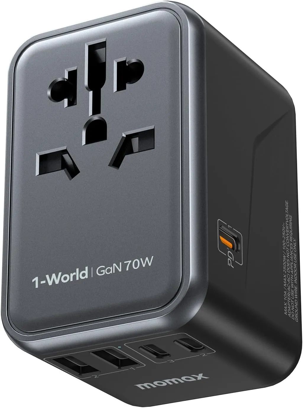 MOMAX Universal Travel Adapter, 70W GaN International Power Adapter, 3 USB-C & 2 USB-A, Worldwide Travel Plug Adapter, International Power Adapter for Most Europe, USA, Japan, Australia (Type C/A/G/I)