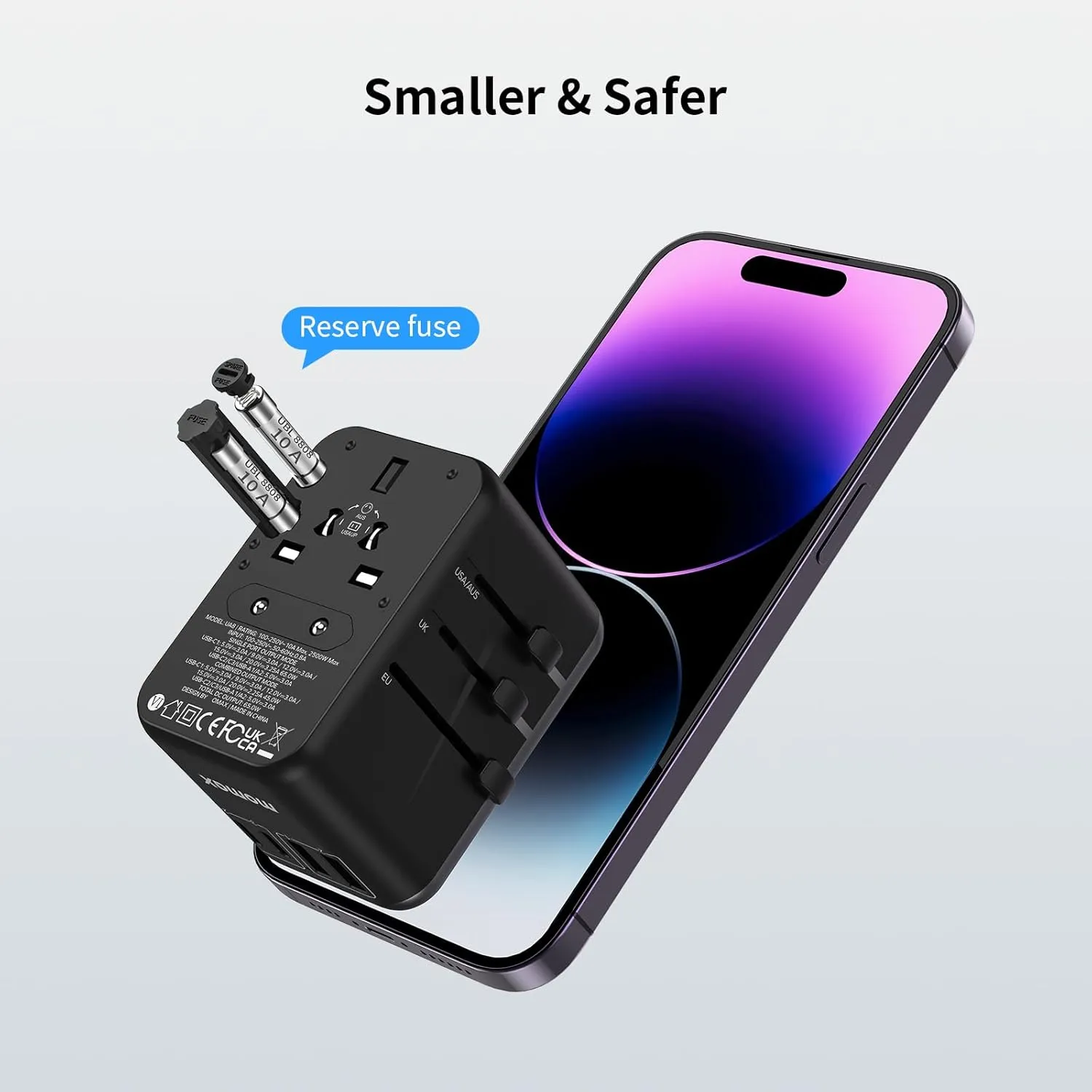 MOMAX Universal Travel Adapter, 70W GaN International Power Adapter, 3 USB-C & 2 USB-A, Worldwide Travel Plug Adapter, International Power Adapter for Most Europe, USA, Japan, Australia (Type C/A/G/I)