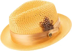 MONTIQUE Men's Braided Pinch Fedora Hat with Feathers – Lightweight & Breathable Polyester Summer Panama Hat – H24