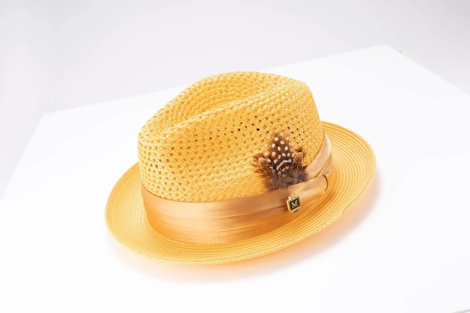 MONTIQUE Men's Braided Pinch Fedora Hat with Feathers – Lightweight & Breathable Polyester Summer Panama Hat – H24