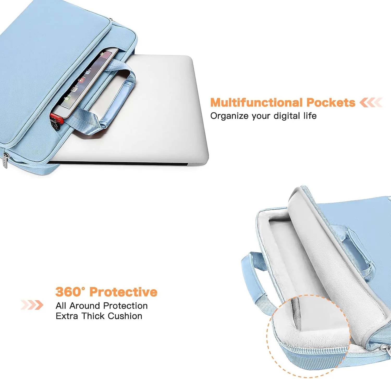 MOSISO 360 Protective Laptop Shoulder Bag Compatible with MacBook Air 15 M4 A3241 M3 A3114 M2 A2941/Pro 16 inch M4 M3 M2 M1, 15-15.6 inch Notebook,Matching Color Sleeve with Belt, Airy Blue