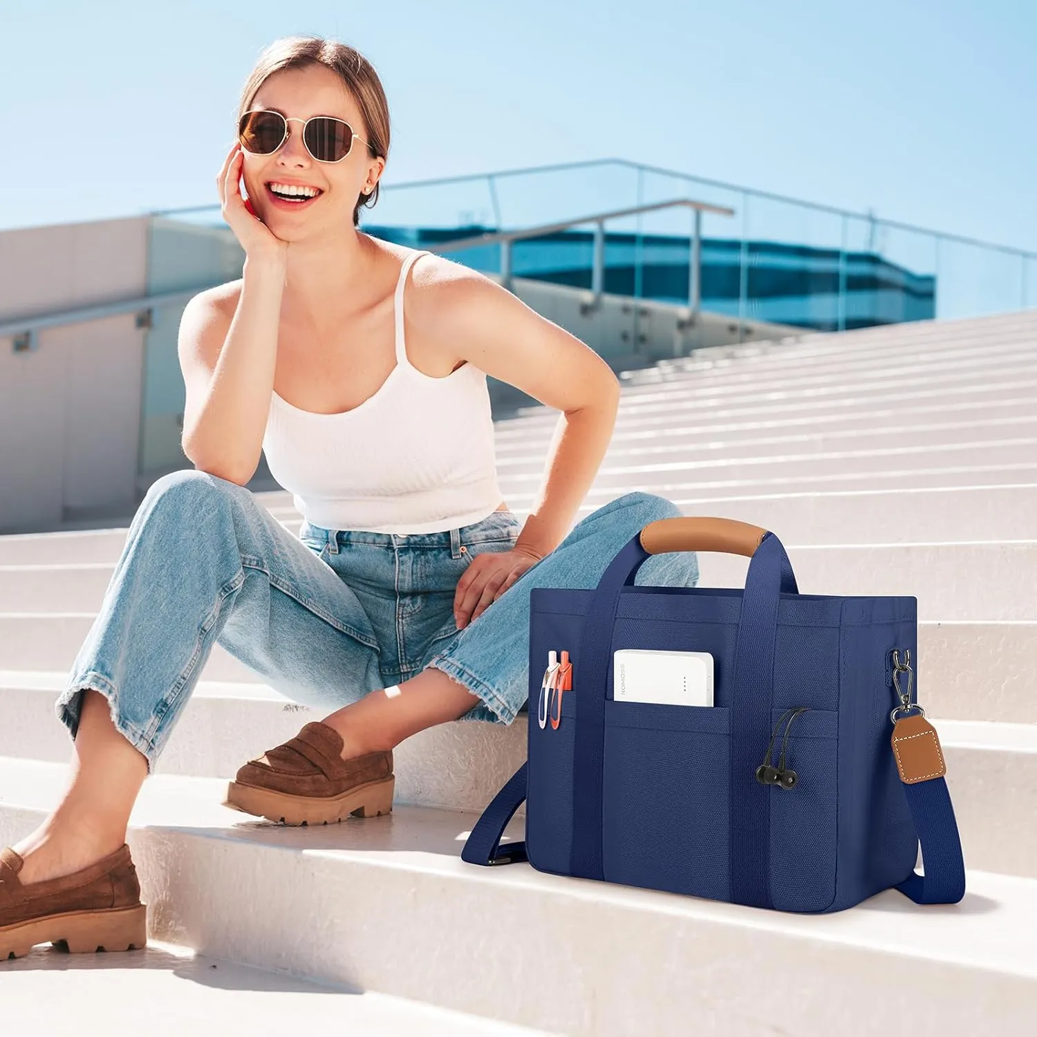 Mossio Large Canvas Tote Bag for Women with Multi Pockets - Laptop Crossbody Shoulder Handbag Everyday Tote with Compartments