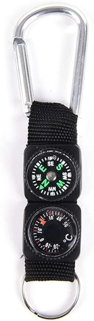 Multifunction 3 in 1 Camping Climbing Hiking Mini Carabiner Keychain Compass Thermometer Hanger Key Black