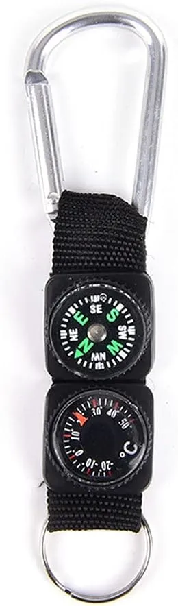 Multifunction 3 in 1 Camping Climbing Hiking Mini Carabiner Keychain Compass Thermometer Hanger Key Black