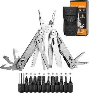 Multitool,27-in-1 402A Stainless Steel Multi Tool Pliers with Safety Lock，Pocket Knife, Scissors,Saw,Survival Folding Pliers for Home Repair,Hiking,Fishing,Camping,DIY, Silver, MQ071ys