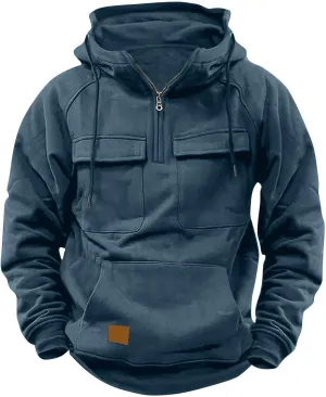 Muscularfit Causal Hoodies for Men 2025 Fashion Long Sleeve Tactical Cargo Sweatshirts Quarter Zipper Shirts Multi Pockets