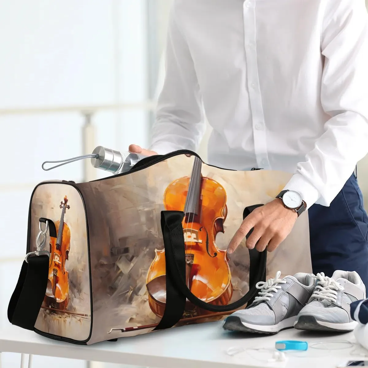 Music Guitar Travel Duffel Bag for Women Men Waterproof Foldable Overnight Weekender Bag Large Capacity Sports Gym Bag