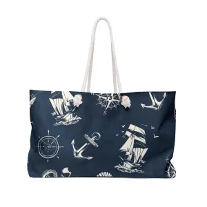 Navy Blue Nautical Weekender Bag Weekender Tote Bag Oversized Bag Lined Beach Tote Lake Trip Bag Travel Great Vacation Spring Break Tote Bag