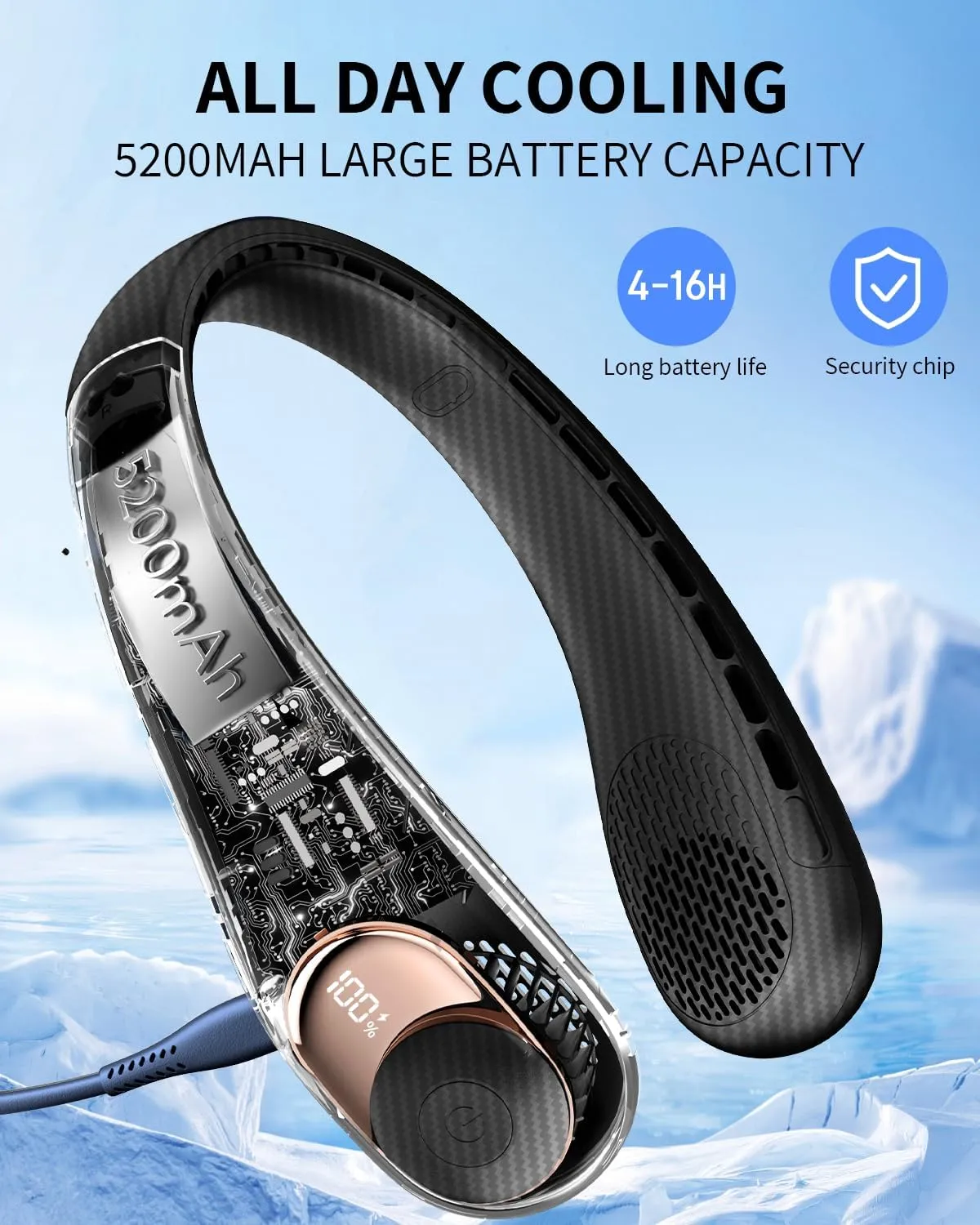 Neck Fan, Personal Fan with LED Indicator, USB-C Charging, Long-Lasting 5200mAh Battery, Hands Free Bladeless Fan with 3 Adjustable Speeds & Ultra-Quiet, Ideal for Home, Travel & Outdoor