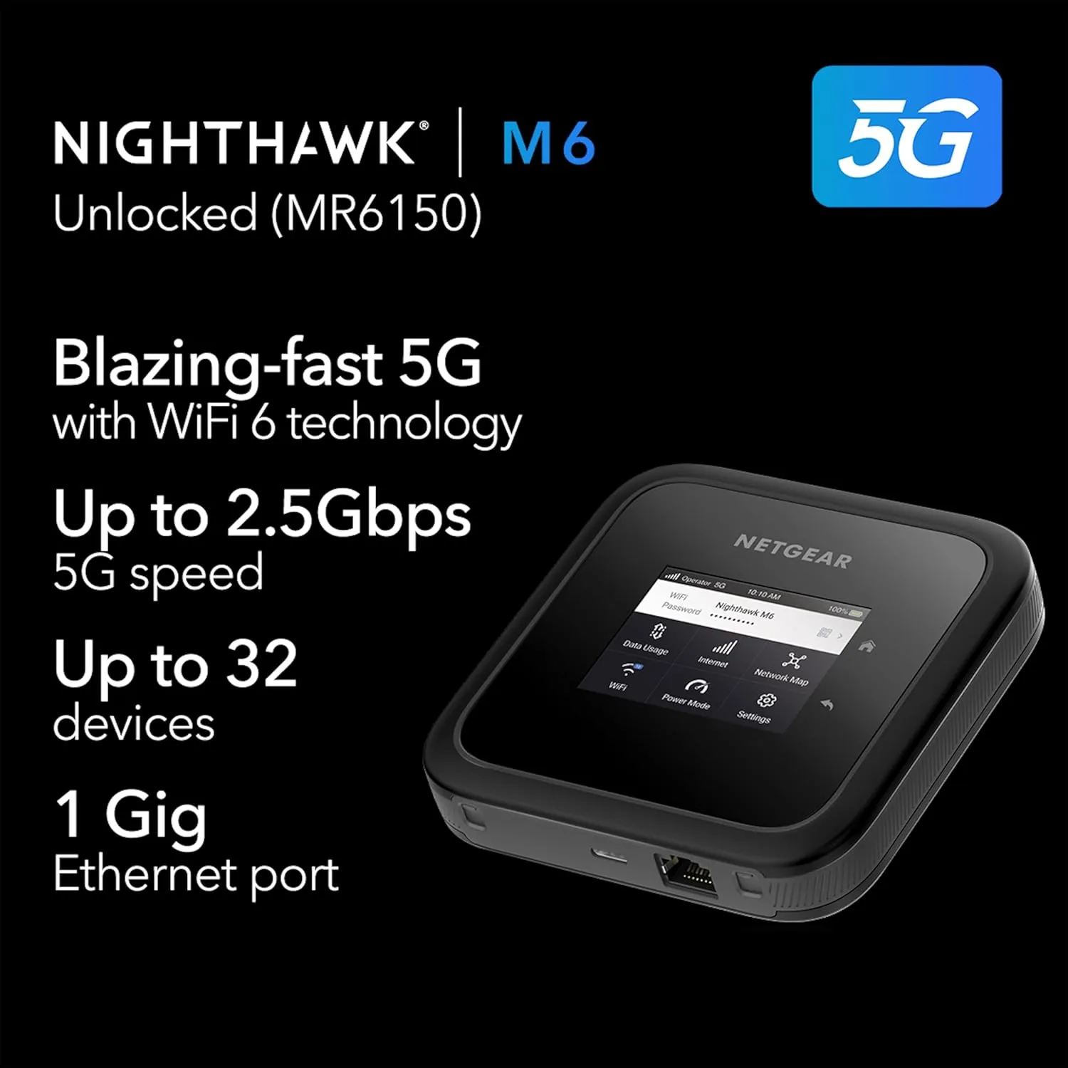 NETGEAR Nighthawk M6 5G Mobile Hotspot, Router with Sim Card Slot, 5G Modem, Portable WiFi Device for Travel, Unlocked with Verizon, AT&T, and T-Mobile, WiFi 6, 2.5Gbps (MR6150)