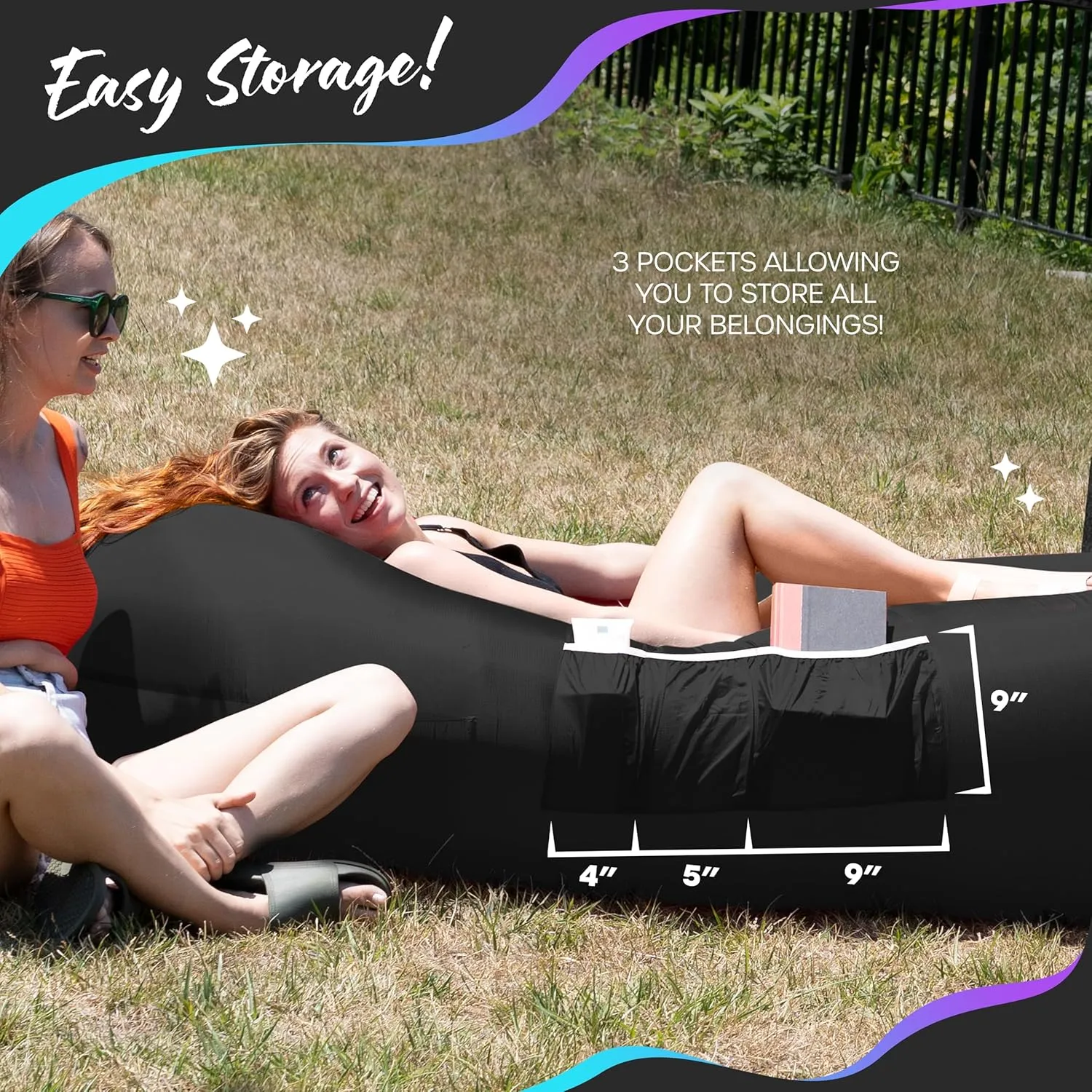 Nevlers Inflatable Lounger | 210T Polyester Inflatable Chair | No-Pump Blow Up Couch | Camping Couch Air Sofa Bed w/ 450 lbs. Cap., Pockets & Matching Bag | Use as Inflatable Couch for Adults & Kids