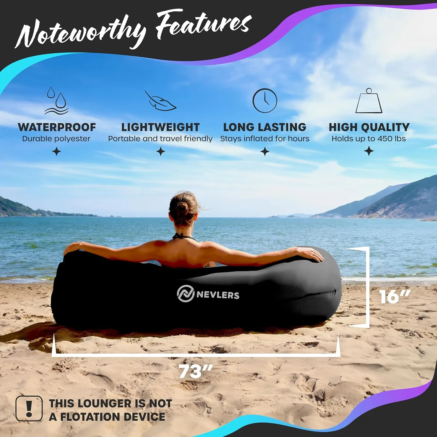 Nevlers Inflatable Lounger | 210T Polyester Inflatable Chair | No-Pump Blow Up Couch | Camping Couch Air Sofa Bed w/ 450 lbs. Cap., Pockets & Matching Bag | Use as Inflatable Couch for Adults & Kids