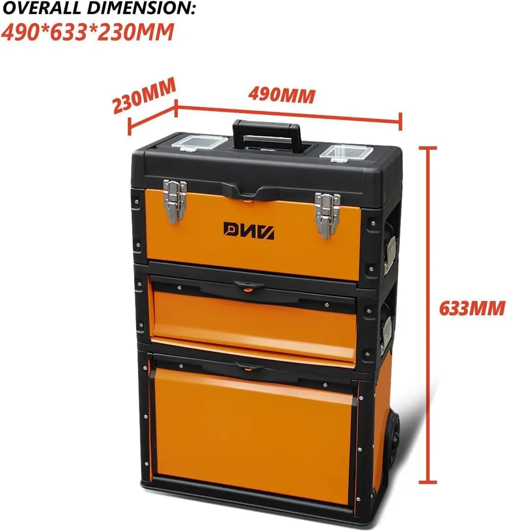 New Package DNA MOTORING 633mm X 490mm X 230mm 3-Tier Stackable Separate Hand Case Tool Boxes Trolley Set Orange (TOOLS-10004)