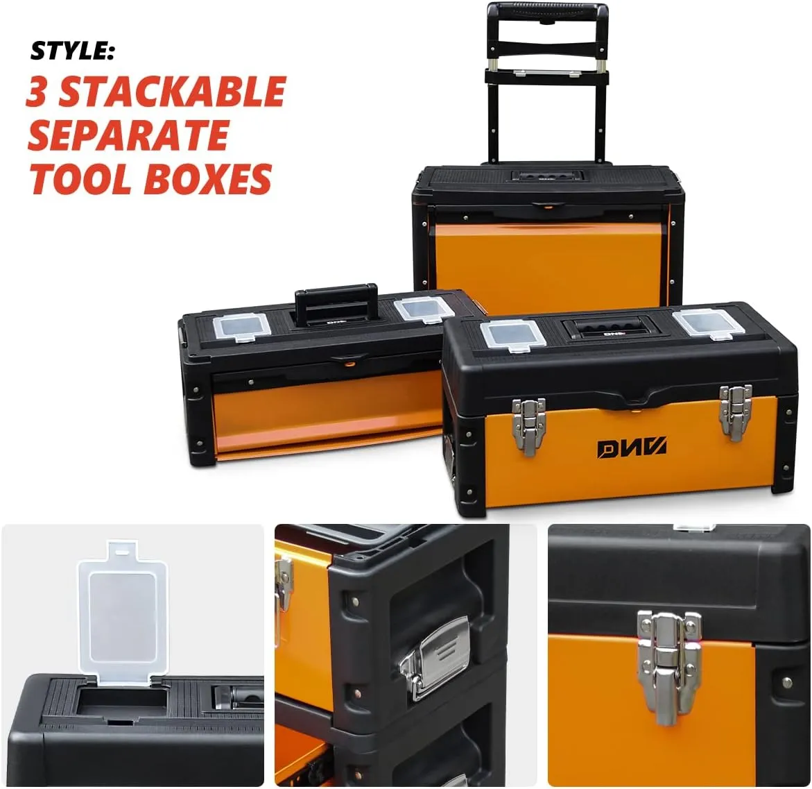 New Package DNA MOTORING 633mm X 490mm X 230mm 3-Tier Stackable Separate Hand Case Tool Boxes Trolley Set Orange (TOOLS-10004)