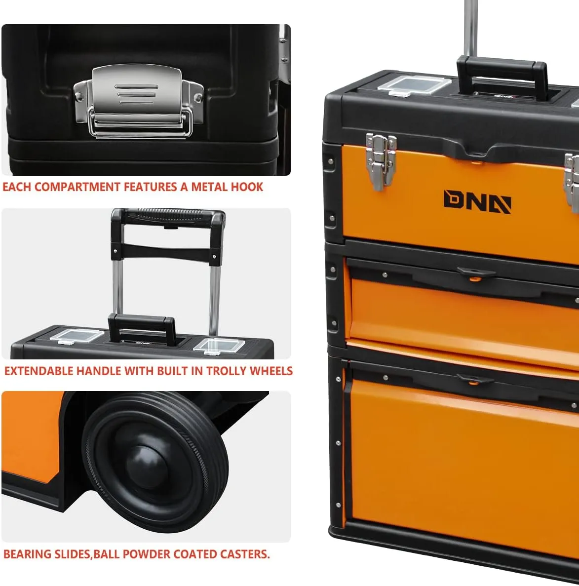 New Package DNA MOTORING 633mm X 490mm X 230mm 3-Tier Stackable Separate Hand Case Tool Boxes Trolley Set Orange (TOOLS-10004)