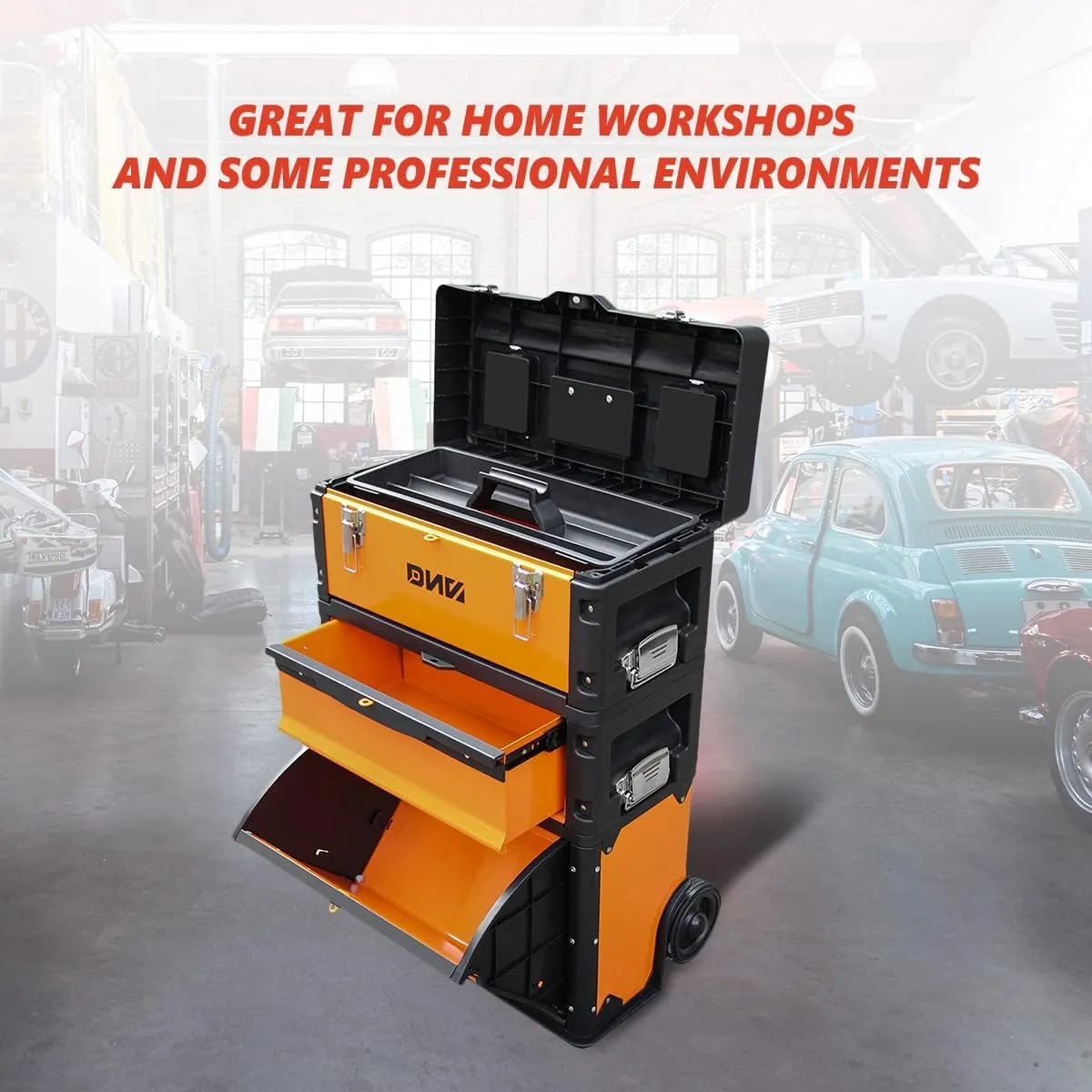 New Package DNA MOTORING 633mm X 490mm X 230mm 3-Tier Stackable Separate Hand Case Tool Boxes Trolley Set Orange (TOOLS-10004)