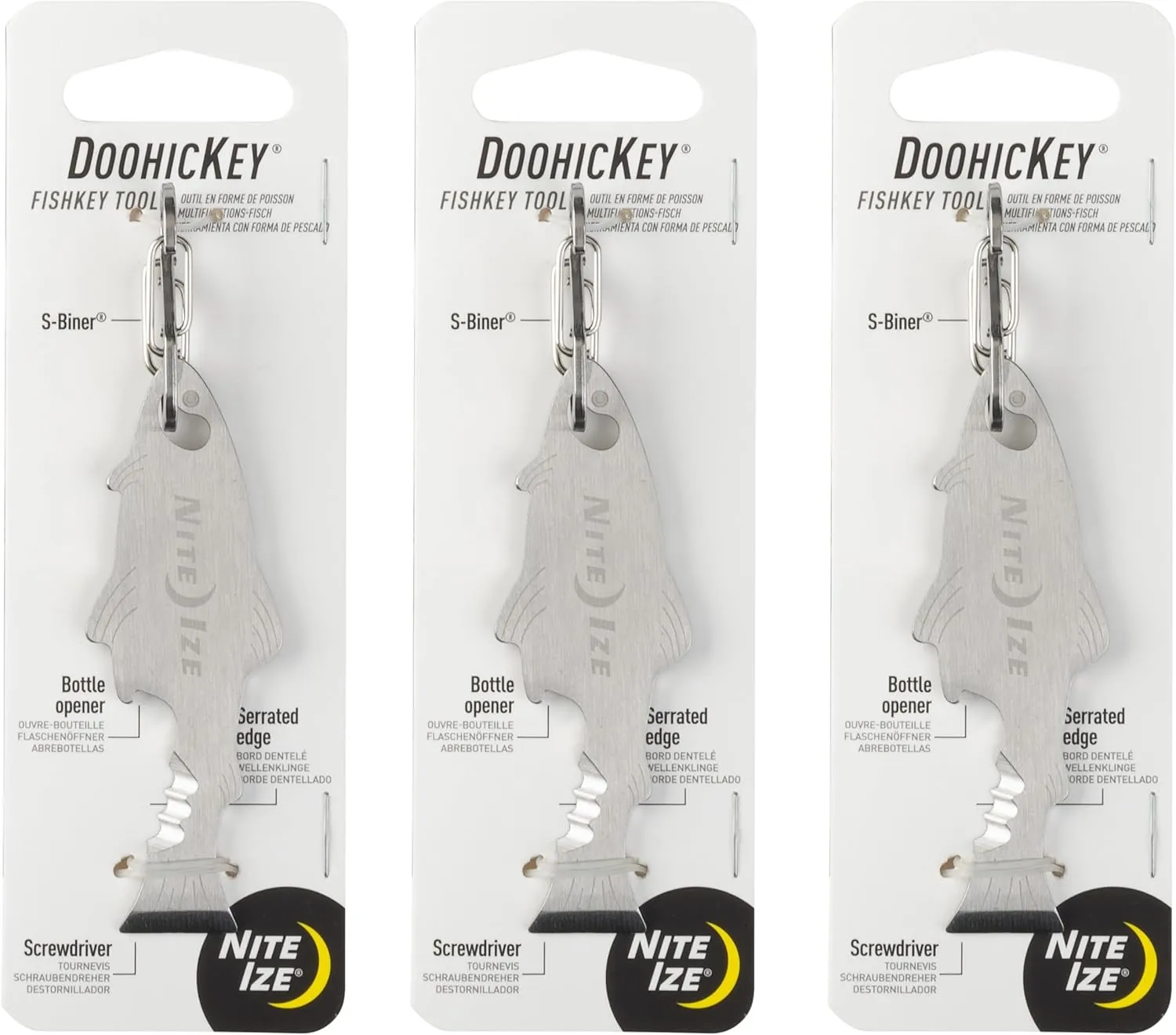Nite Ize DoohicKey FishKey Key Tool - Keychain Multipurpose Tool - Key Accessories with Screwdriver, Bottle Opener & Serrated Edge - Multitool Keychain with S-Biner - 3 Pack