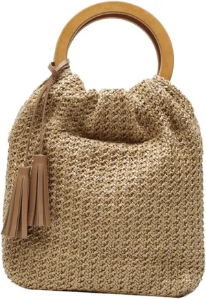 NOLITOY 1Pc Stylish Woven Straw Handbag with Round Wooden Handle Chic Shoulder Bag for Women for Casual Outings and Fashionable Design with Eye Catching Tassel
