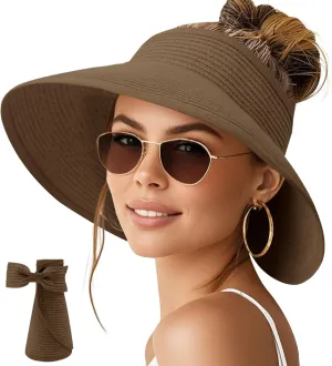 NPQQUAN Sun Visor Hats for Women Wide Brim Ponytail Straw Beach Hat Packable Foldable UPF 50  Floppy Travel Hats