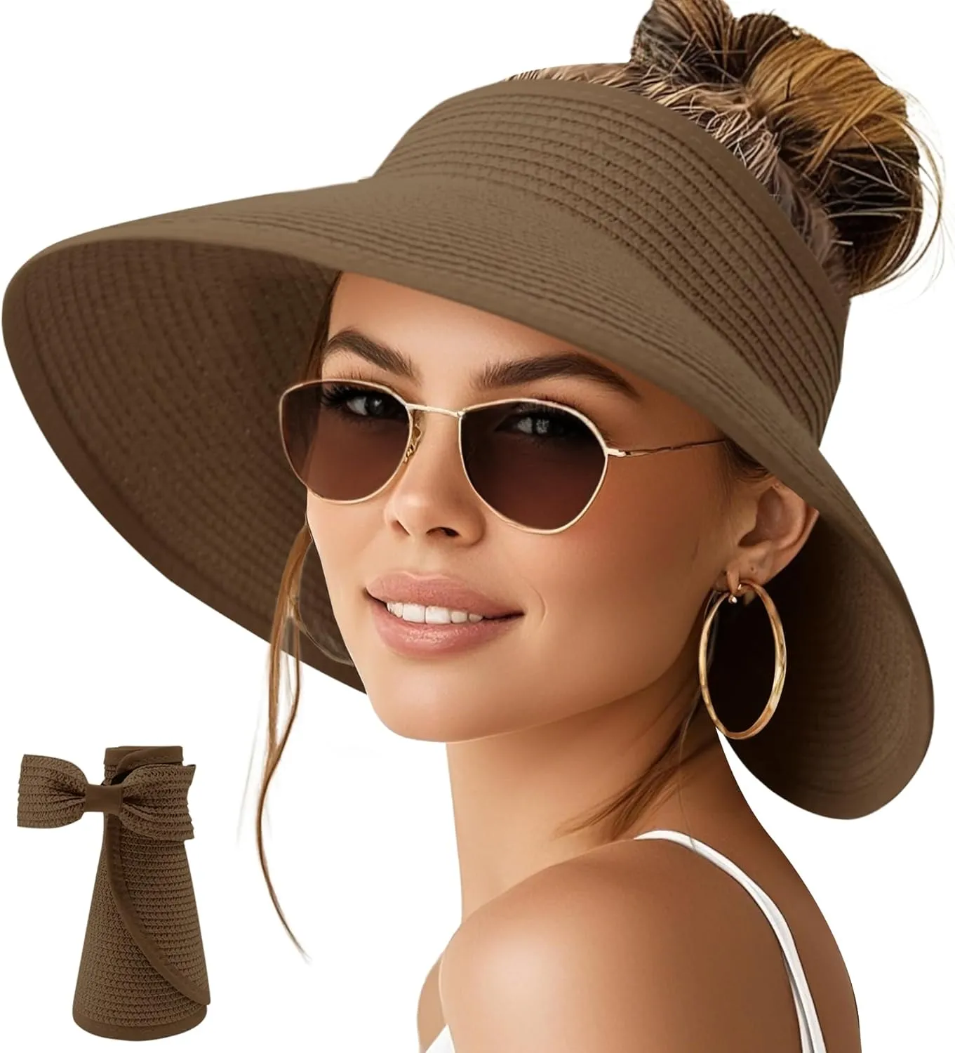 NPQQUAN Sun Visor Hats for Women Wide Brim Ponytail Straw Beach Hat Packable Foldable UPF 50  Floppy Travel Hats