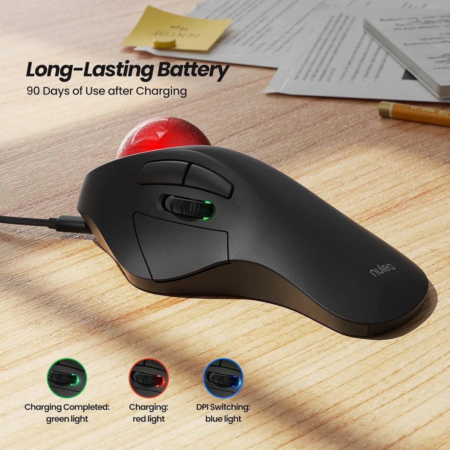 Nulea Wireless Ergonomic Trackball Mouse, Rechargeable, Bluetooth Rollerball Mouse, 44mm Index Finger Trackball, 5 Adjustable DPI, Compatible with PC, Laptop, Mac