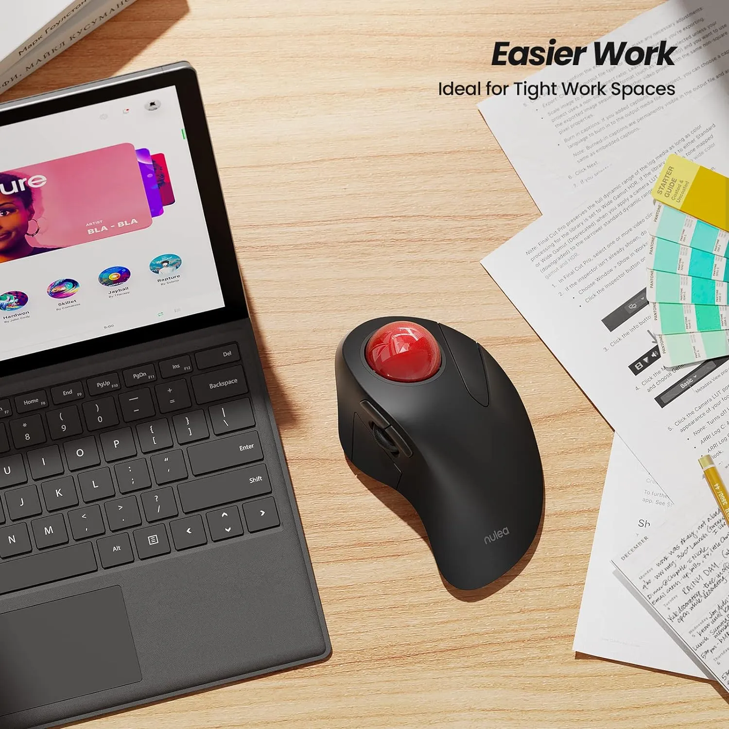 Nulea Wireless Ergonomic Trackball Mouse, Rechargeable, Bluetooth Rollerball Mouse, 44mm Index Finger Trackball, 5 Adjustable DPI, Compatible with PC, Laptop, Mac
